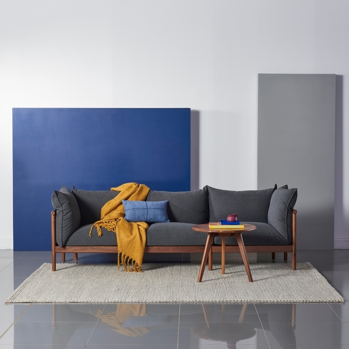Olivia 3 Seater Sofa - Solid Walnut - Granite Grey Fabric - Dual Weave