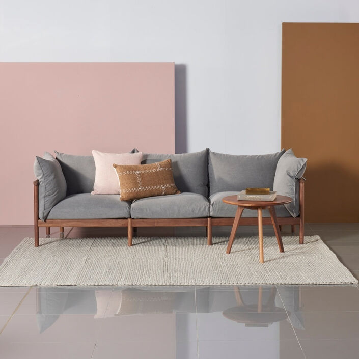 Olivia 3 Seater Sofa - Solid Walnut - Fabric - Smoke Grey
