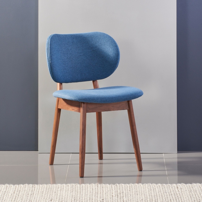 Stefan Solid Walnut Dining Chair - Denim Blue Fabric Seat