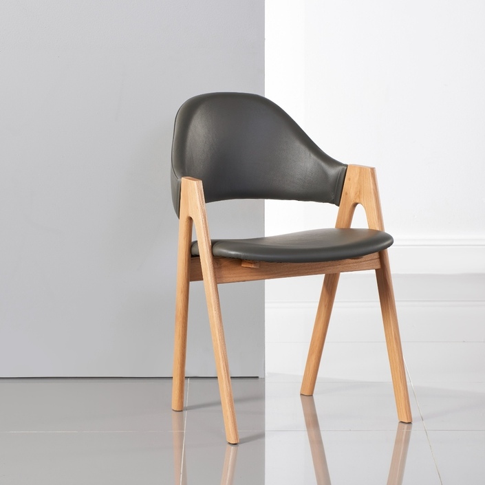 Nestor Solid Oak Dining Chair - Grey Top Grain Leather Seat