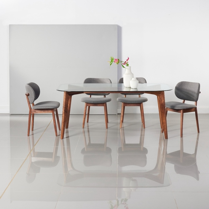 Hilda Dining Table - Glass + Solid Walnut - 180x90cm