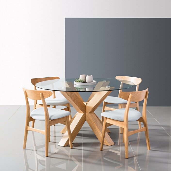 Oscar Round Glass Dining Table - Solid Oak Base - 130cm Diameter