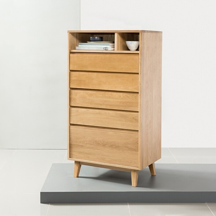 Bastian Tallboy with 5 Drawers - Solid Oak - 70x45x130cm